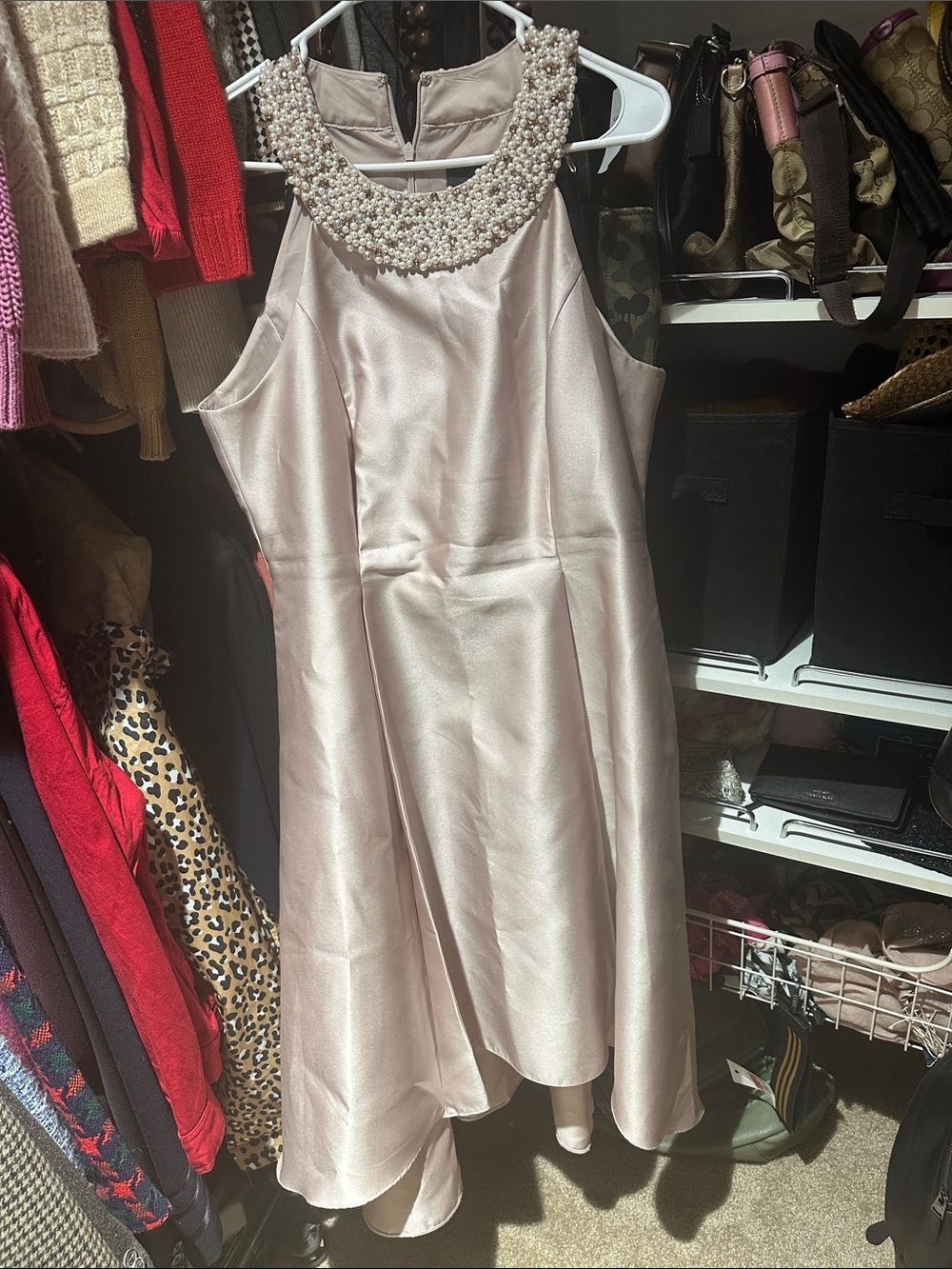 Adrianna Papell Pearl-Embellished Champagne Satin Wedding Dress